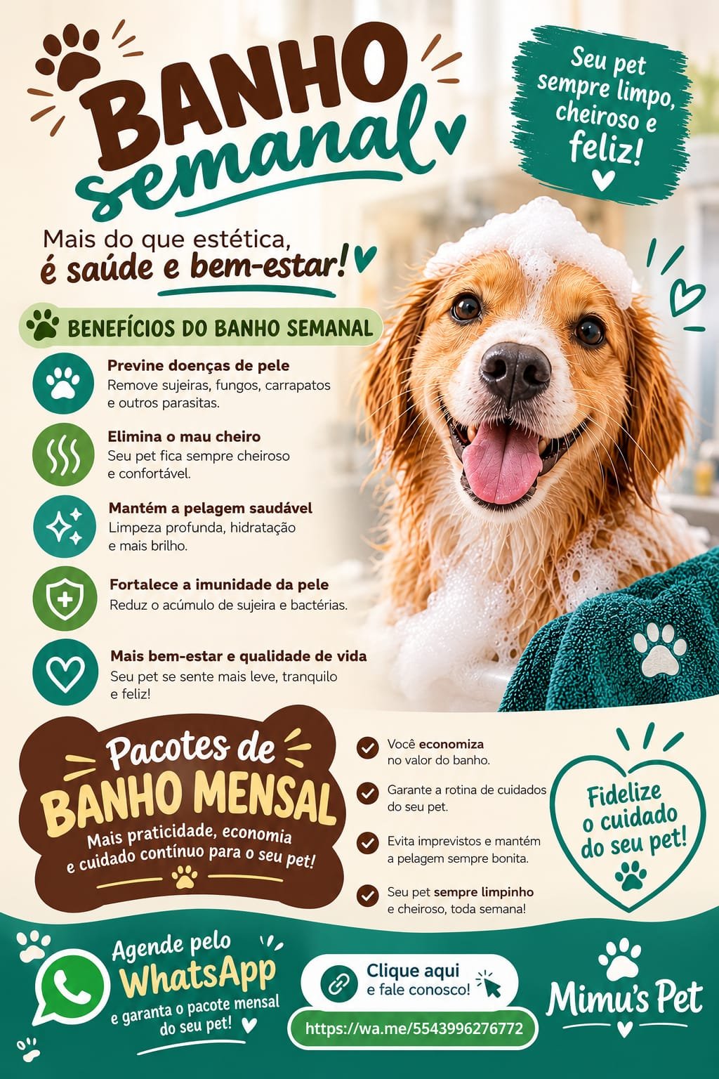 Arte da Mimu's Pet sobre banho semanal e pacotes mensais. Agendamento pelo WhatsApp (43) 99627-6772.